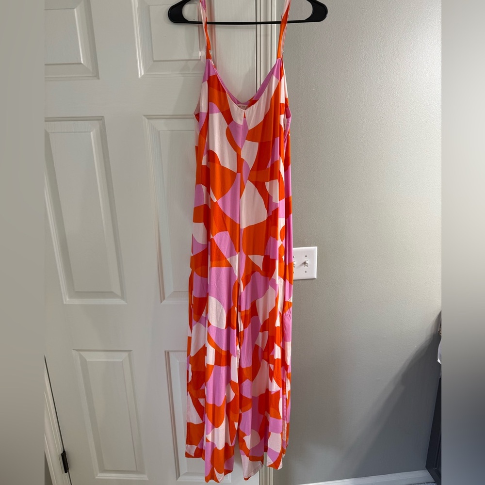 Women's Pink & Orange Abstract Print Maxi Jumpsuit